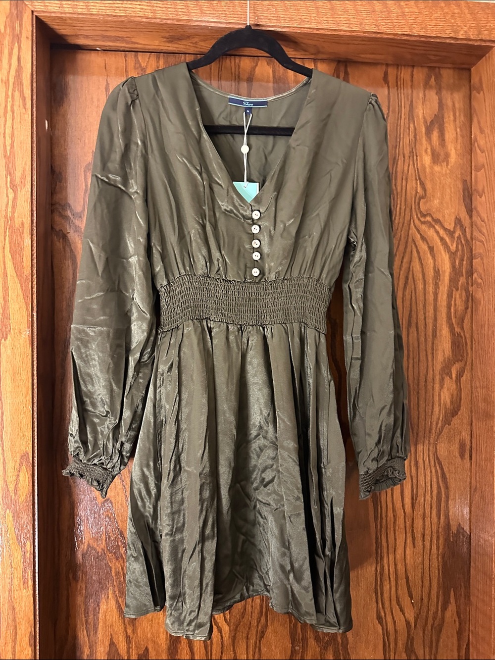 Smocked-Waist Olive Long-Sleeve Mini Dress